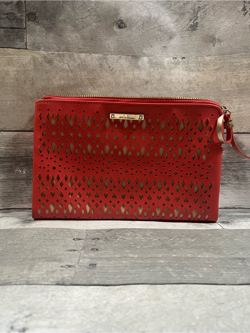 Stella&Dot Red Laser-Cut Wristlet Clutch with Gold Accents